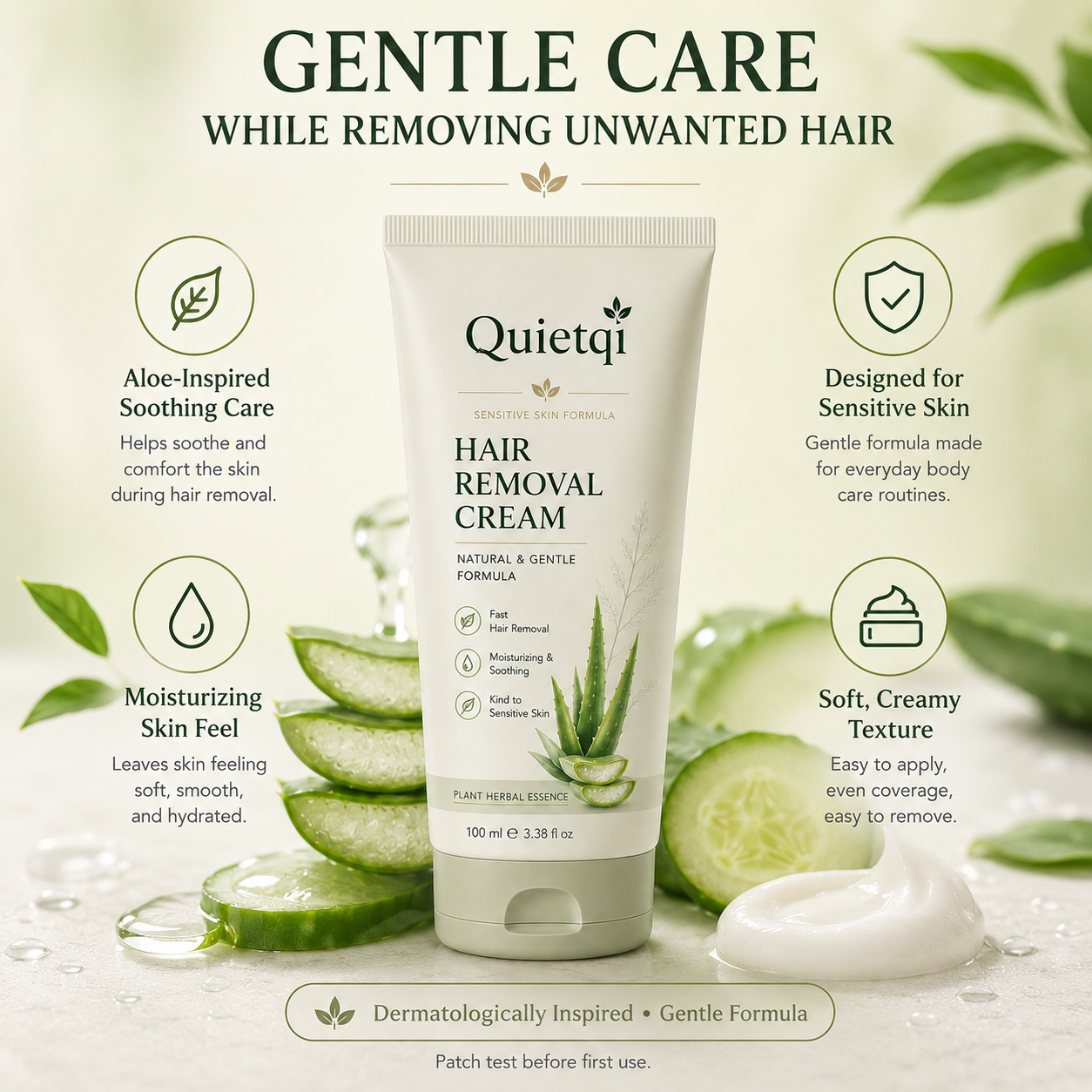 Quietqi Natural Gentle Hair Removal Cream | For Women & Men, Sensitive Skin